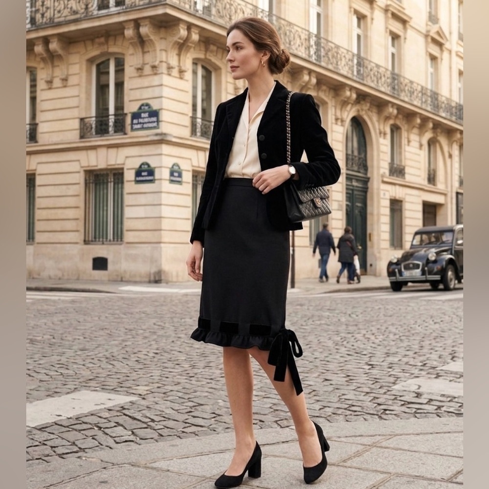 Valentino Black Wool Pencil Skirt w/ Black Velvet Bow Detail & Ruffle Hem SZ8